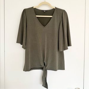 Olive Green Tie-Front Blouse Wide Sleeve V-Neck Casual Top